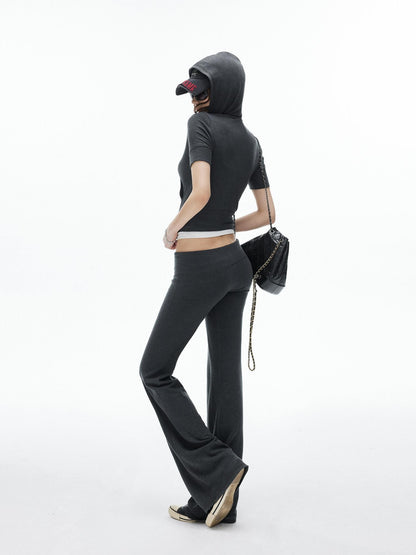 iamxiaa Cropped Hooded Slim Short Sleeve Drawstring Straight Women&