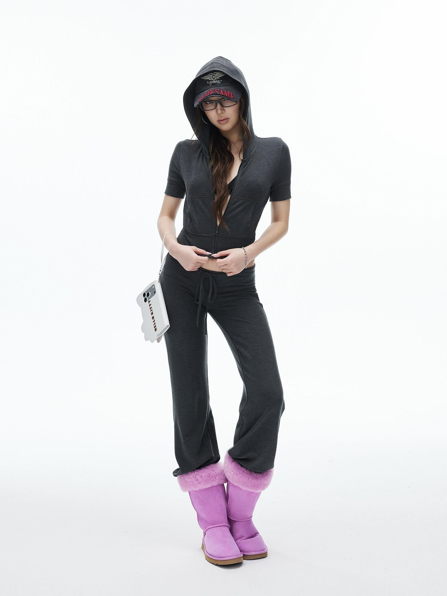 iamxiaa Cropped Hooded Slim Short Sleeve Drawstring Straight Women&