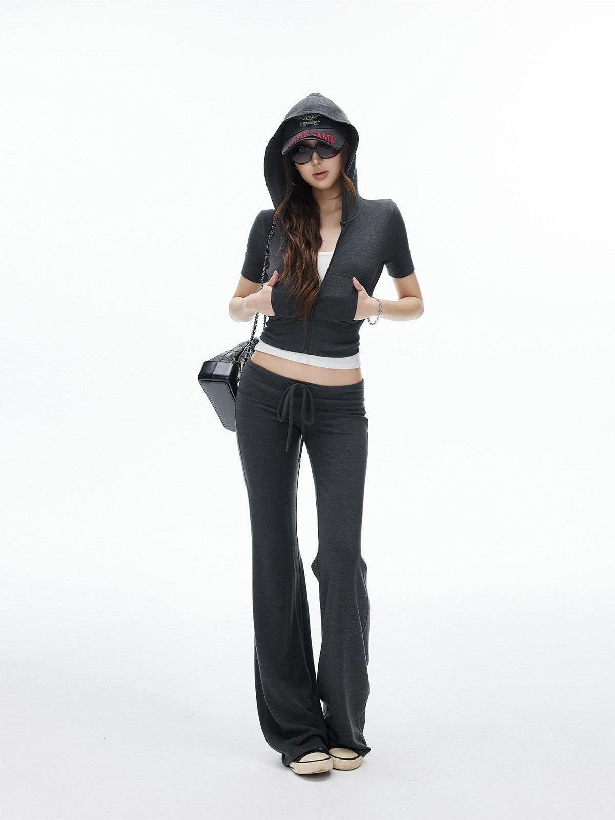 iamxiaa Cropped Hooded Slim Short Sleeve Drawstring Straight Women&