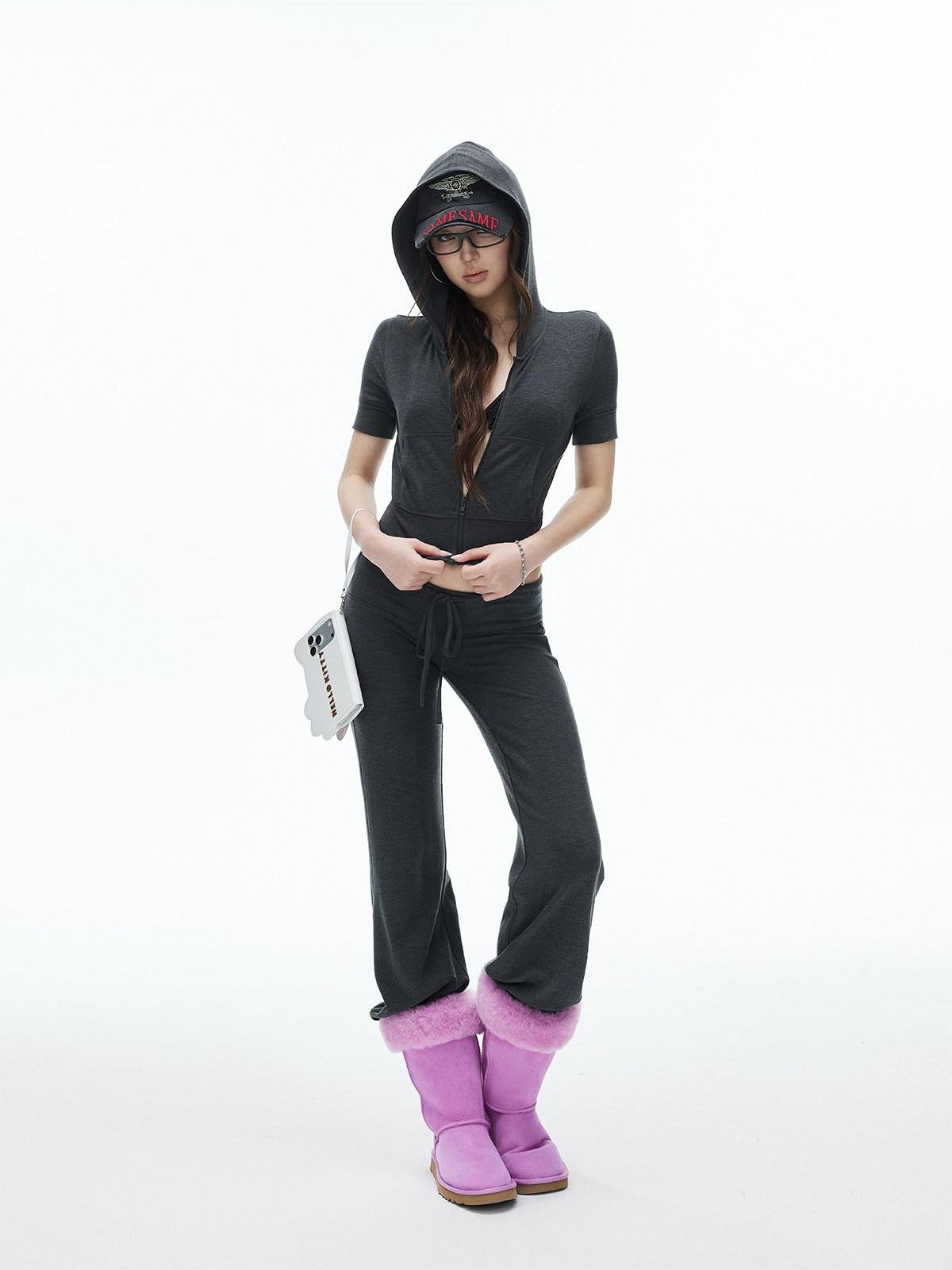 iamxiaa Cropped Hooded Slim Short Sleeve Drawstring Straight Women&
