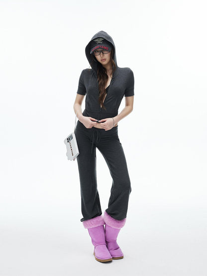 iamxiaa Cropped Hooded Slim Short Sleeve Drawstring Straight Women&