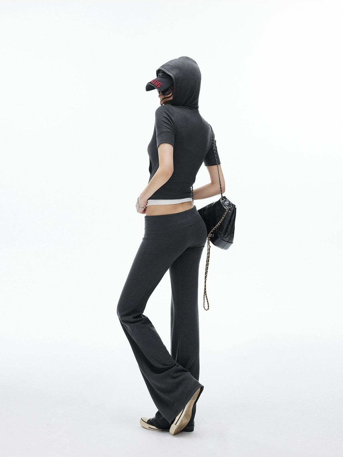 iamxiaa Cropped Hooded Slim Short Sleeve Drawstring Straight Women&