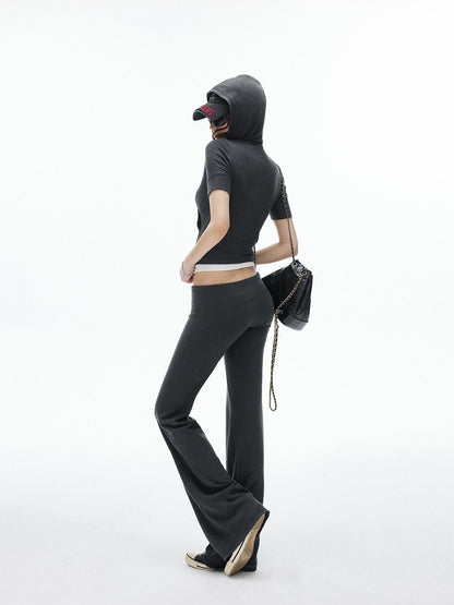iamxiaa Cropped Hooded Slim Short Sleeve Drawstring Straight Women&