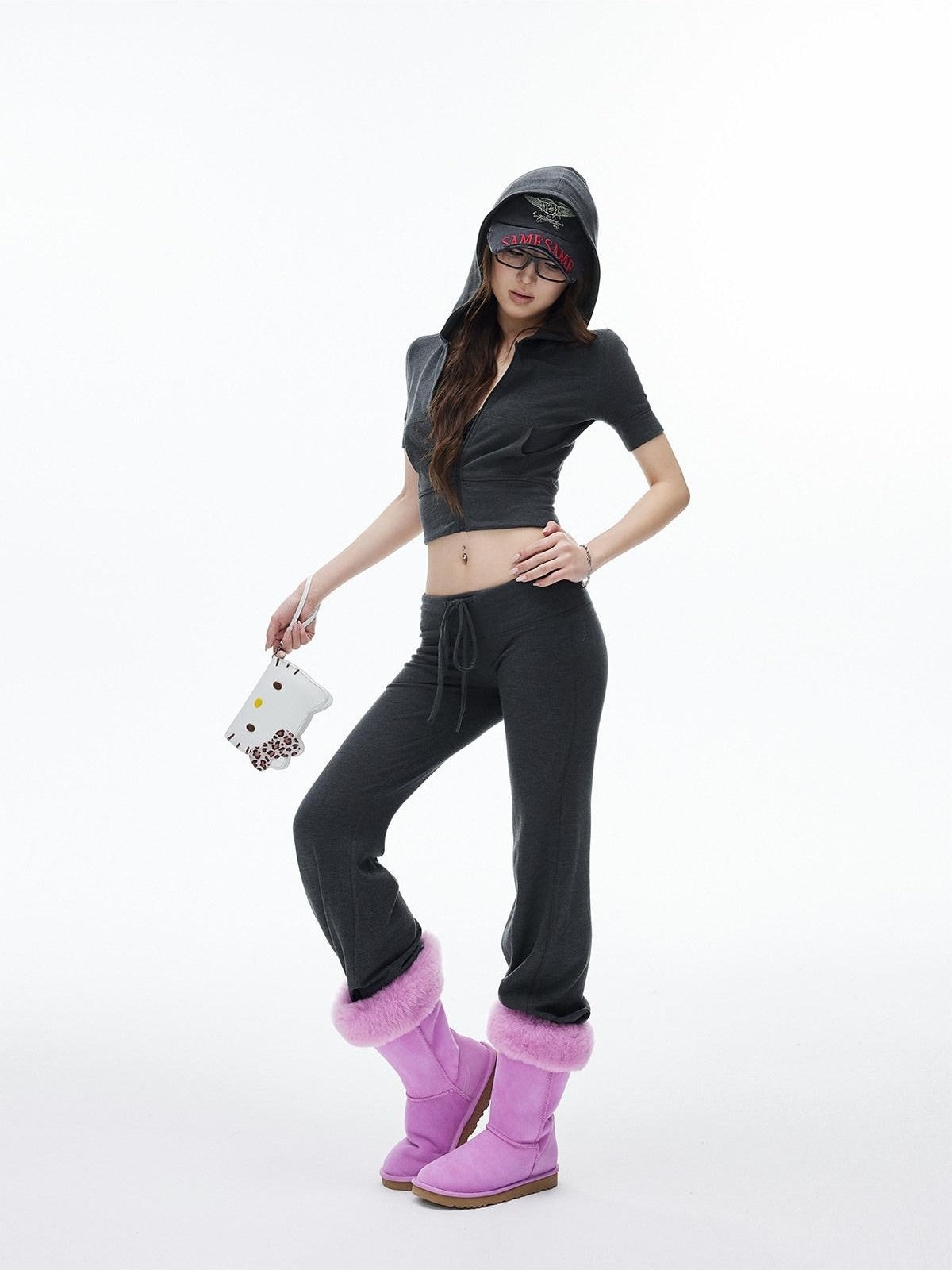 iamxiaa Cropped Hooded Slim Short Sleeve Drawstring Straight Women&