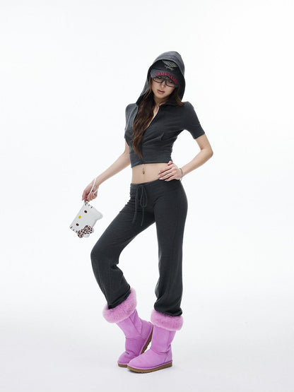 iamxiaa Cropped Hooded Slim Short Sleeve Drawstring Straight Women&