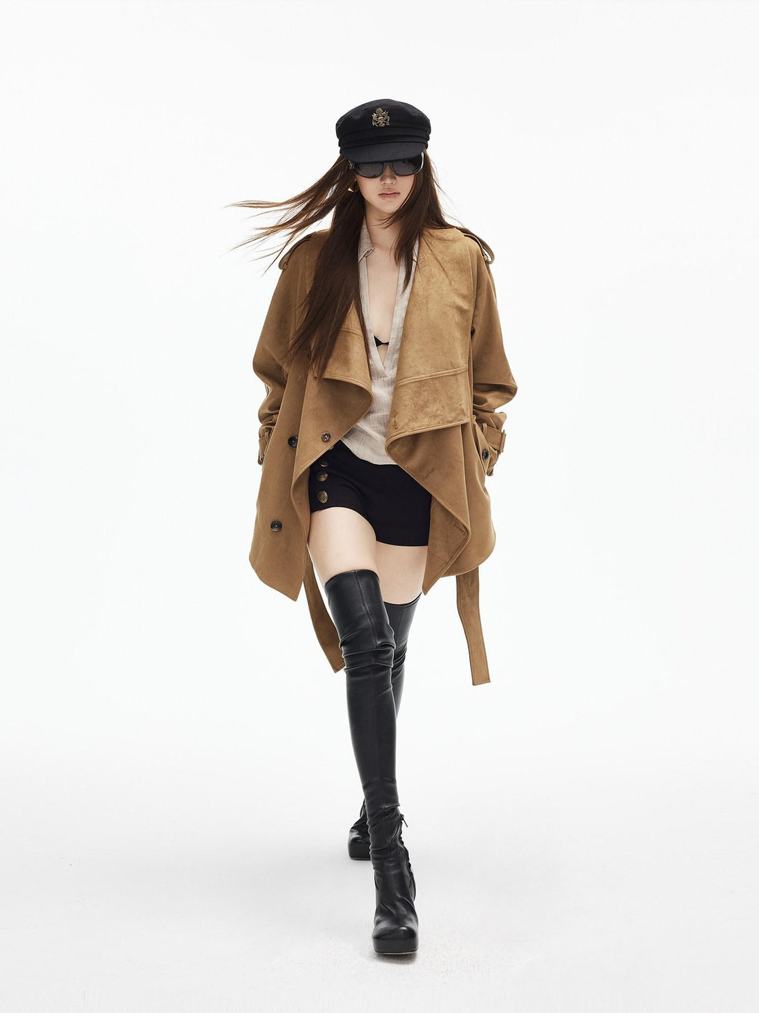 iamxiaa Cropped Large Lapel Wavy Placket Asymmetric Buttons Women&