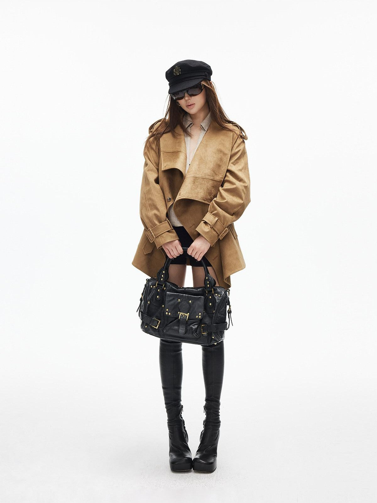 iamxiaa Cropped Large Lapel Wavy Placket Asymmetric Buttons Women&