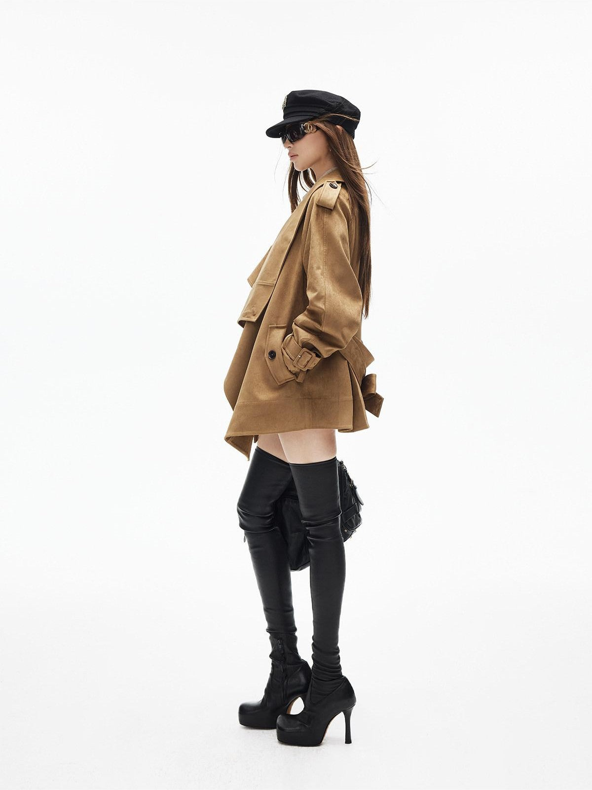 iamxiaa Cropped Large Lapel Wavy Placket Asymmetric Buttons Women&