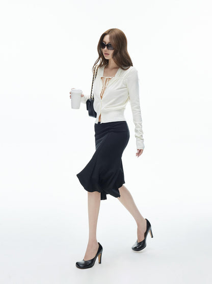 iamxiaa Cropped Ruched Button Front V-neck Women&