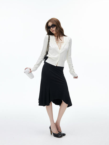 iamxiaa Cropped Ruched Button Front V-neck Women&
