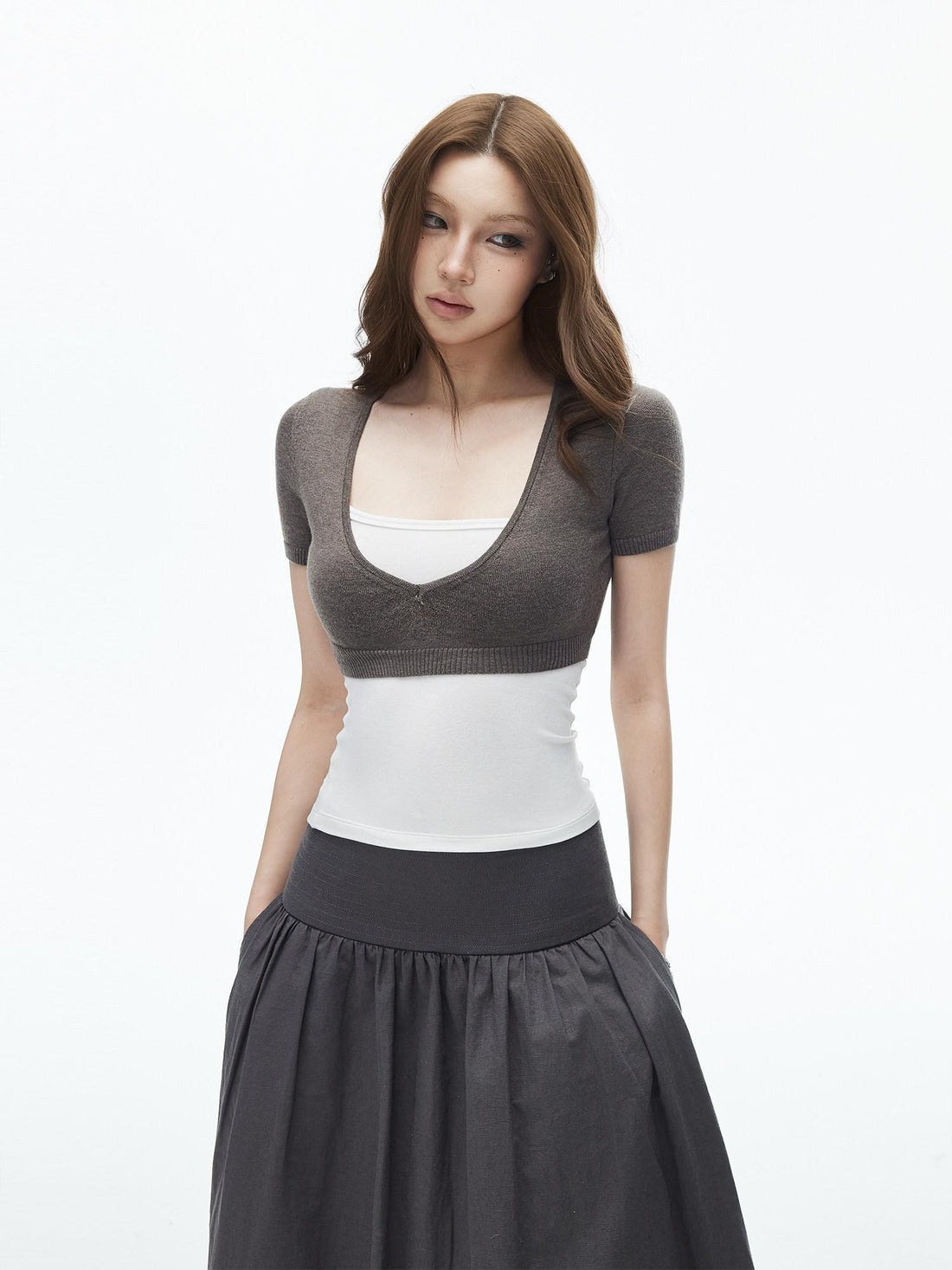 iamxiaa Cropped Sweetheart Ribbed Layered Short Sleeve Women&