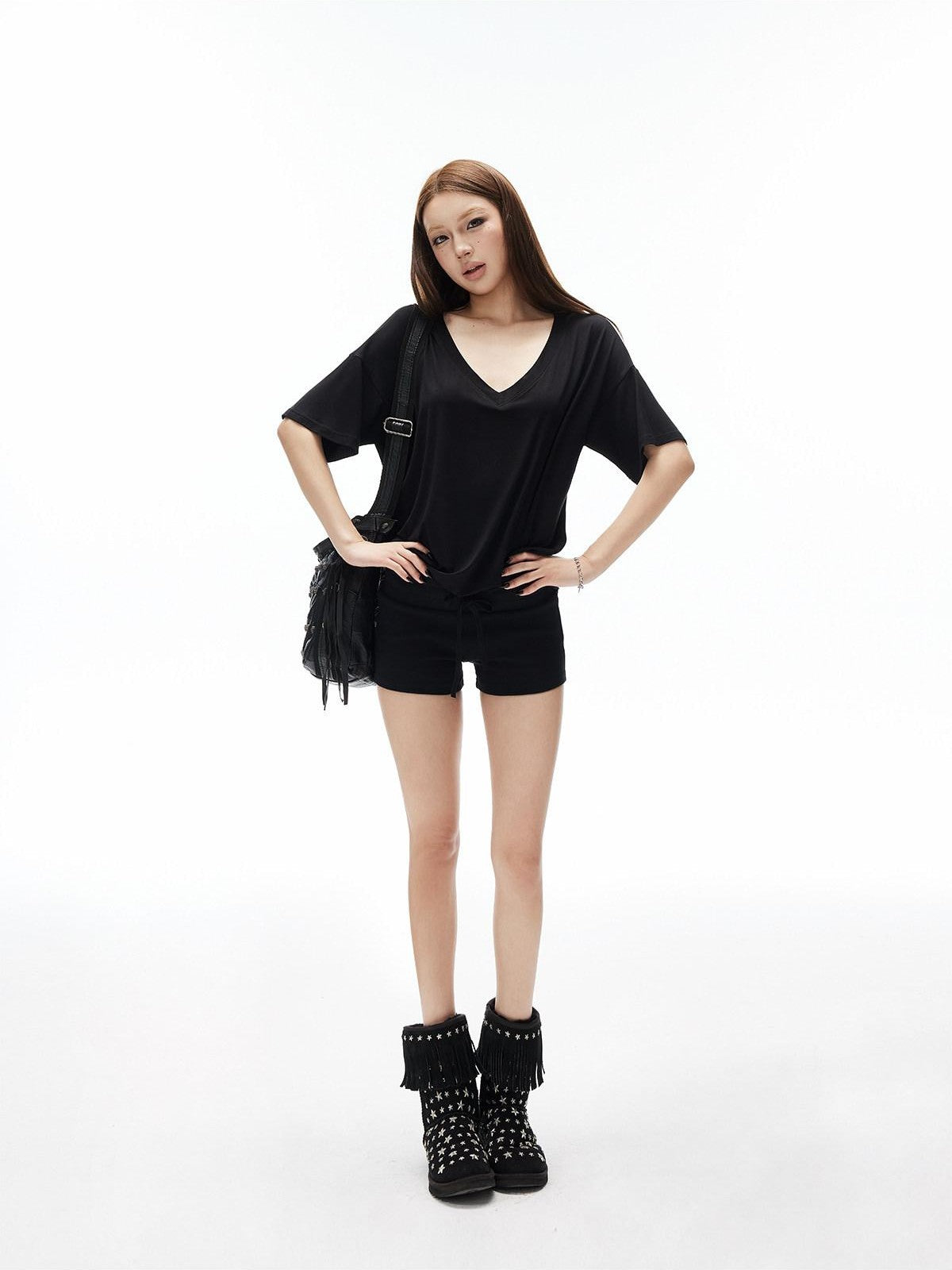 iamxiaa Cross Ribbed Wide Waistband Drawstring Low Rise Women&