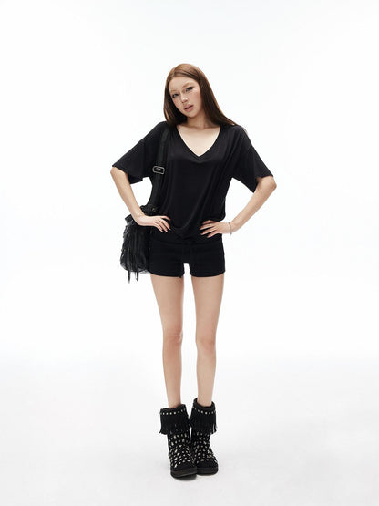 iamxiaa Cross Ribbed Wide Waistband Drawstring Low Rise Women&