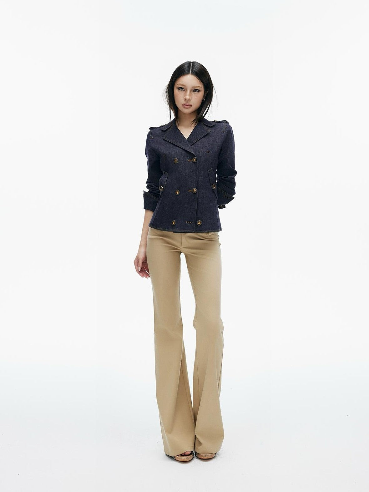 iamxiaa Dark Blue Washed Double Breasted Trench Style Women&