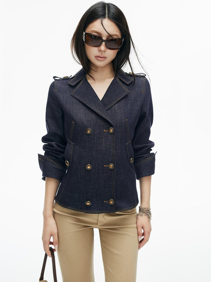 iamxiaa Dark Blue Washed Double Breasted Trench Style Women&