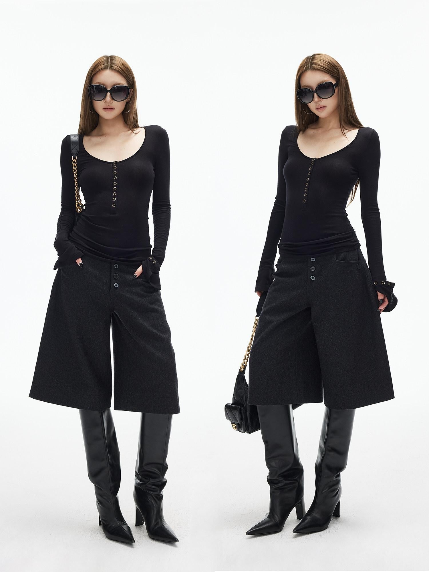 iamxiaa Dark Gray Handstitched Textured Buttoned A Line Women&