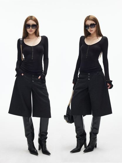 iamxiaa Dark Gray Handstitched Textured Buttoned A Line Women&