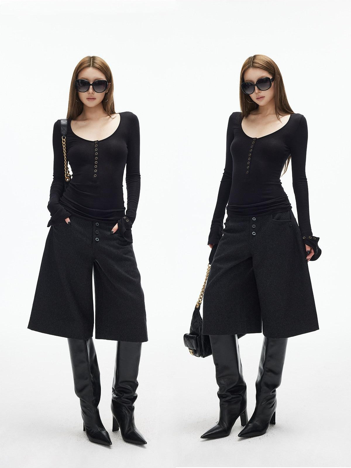 iamxiaa Dark Gray Handstitched Textured Buttoned A Line Women&