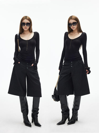 iamxiaa Dark Gray Handstitched Textured Buttoned A Line Women&