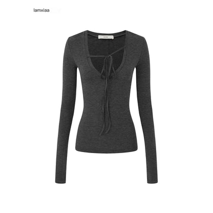 iamxiaa_Dark_Heather_Gray_Deep_V_Asymmetric_Tie_Women&