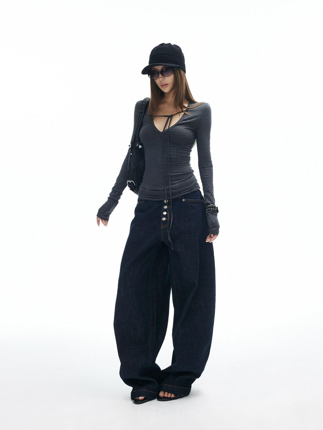 iamxiaa Dark Heather Gray Deep V Asymmetric Tie Women&