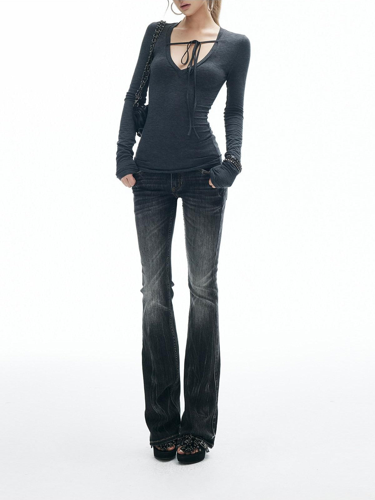 iamxiaa Dark Heather Gray Deep V Asymmetric Tie Women&