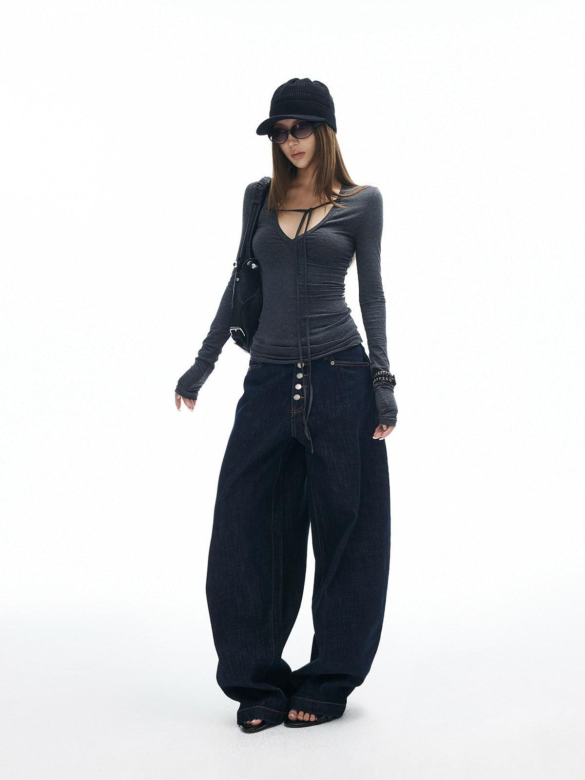 iamxiaa Dark Heather Gray Deep V Asymmetric Tie Women&