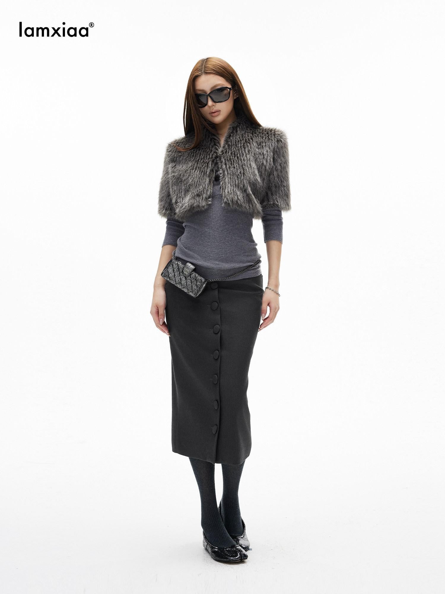iamxiaa Deep Gray Vintage Handcrafted Button Front Women&