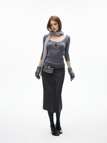 iamxiaa Deep Gray Vintage Handcrafted Button Front Women&