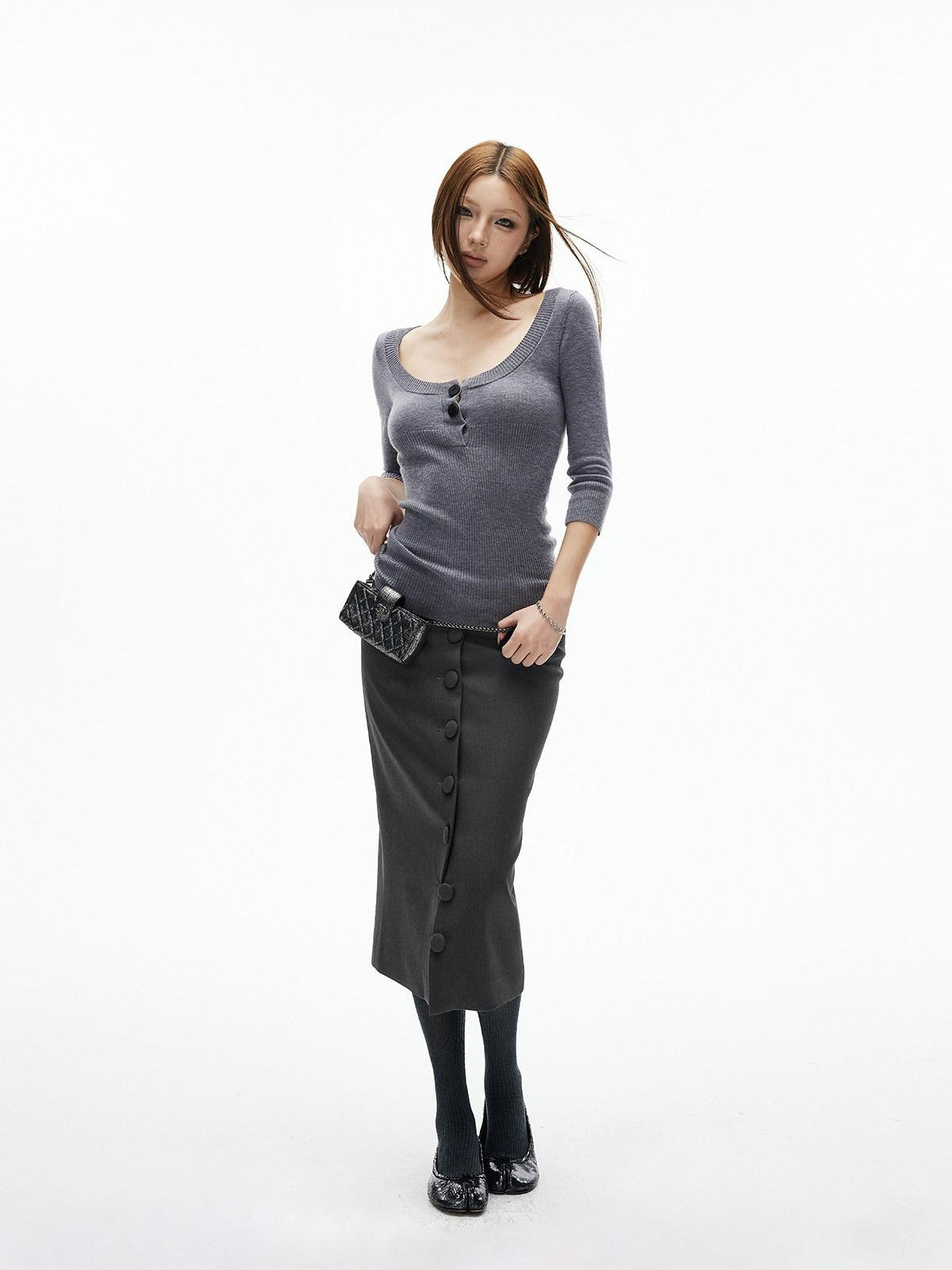 iamxiaa Deep Gray Vintage Handcrafted Button Front Women&