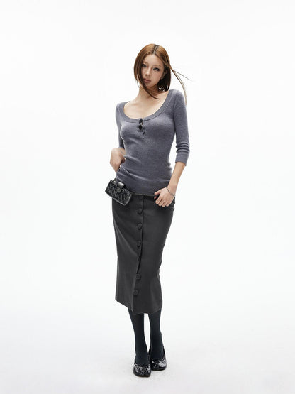 iamxiaa Deep Gray Vintage Handcrafted Button Front Women&