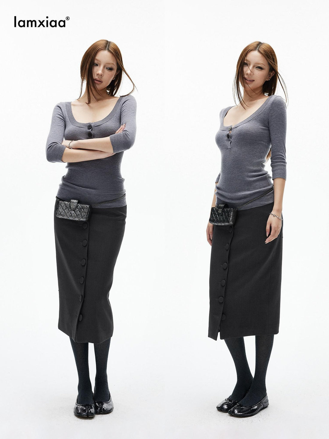 iamxiaa Deep Gray Vintage Handcrafted Button Front Women&