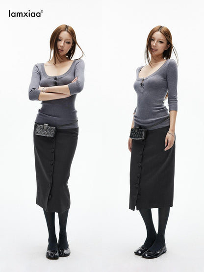 iamxiaa Deep Gray Vintage Handcrafted Button Front Women&