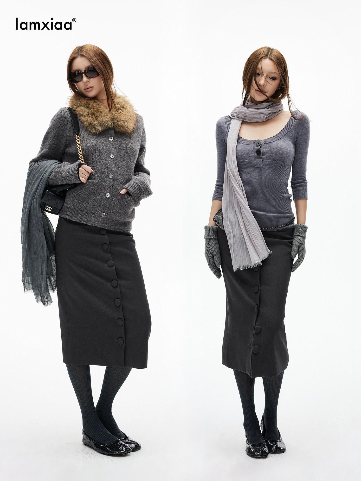 iamxiaa Deep Gray Vintage Handcrafted Button Front Women&