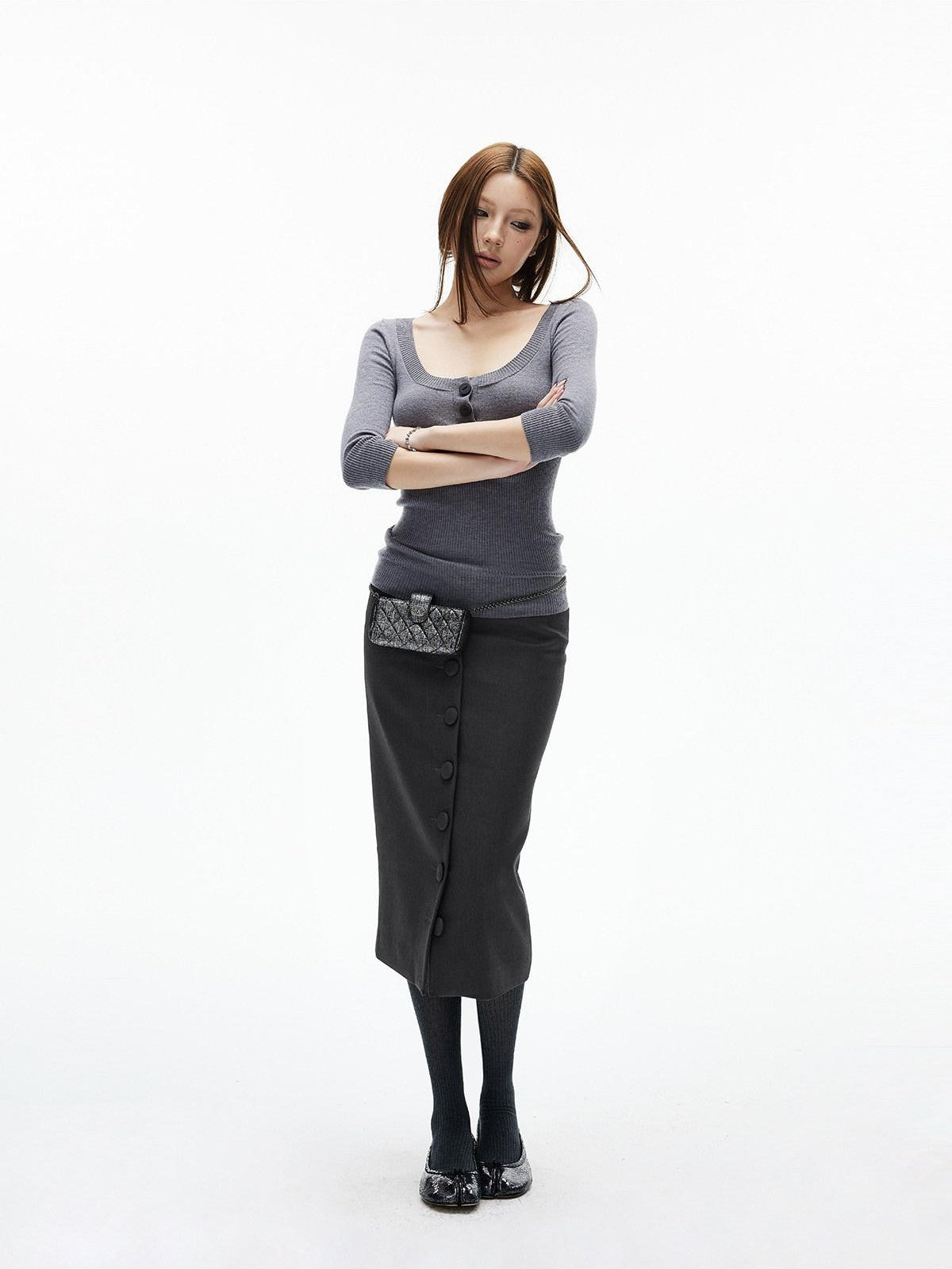iamxiaa Deep Gray Vintage Handcrafted Button Front Women&