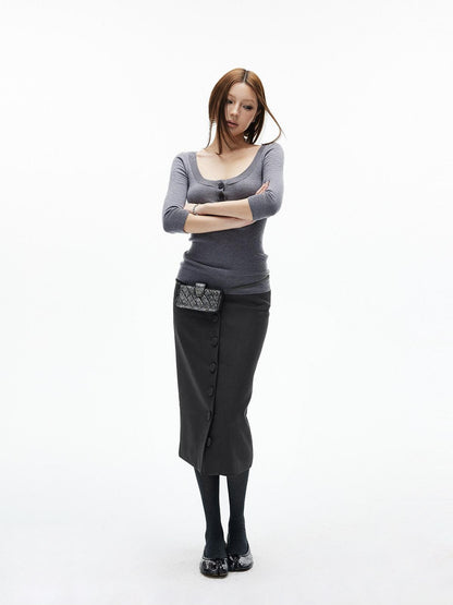 iamxiaa Deep Gray Vintage Handcrafted Button Front Women&
