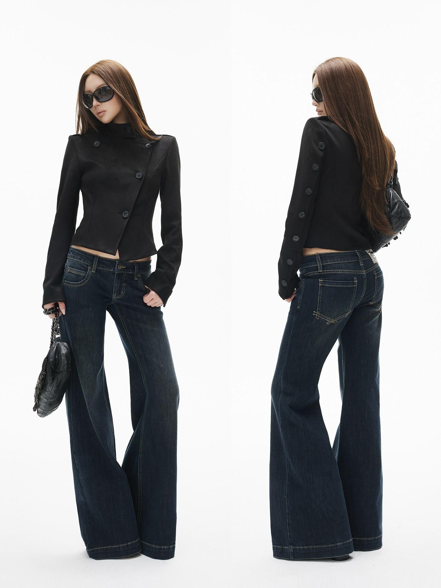 iamxiaa Deep Navy Contrast Stitch Ultra Low Rise Five Pocket Women&