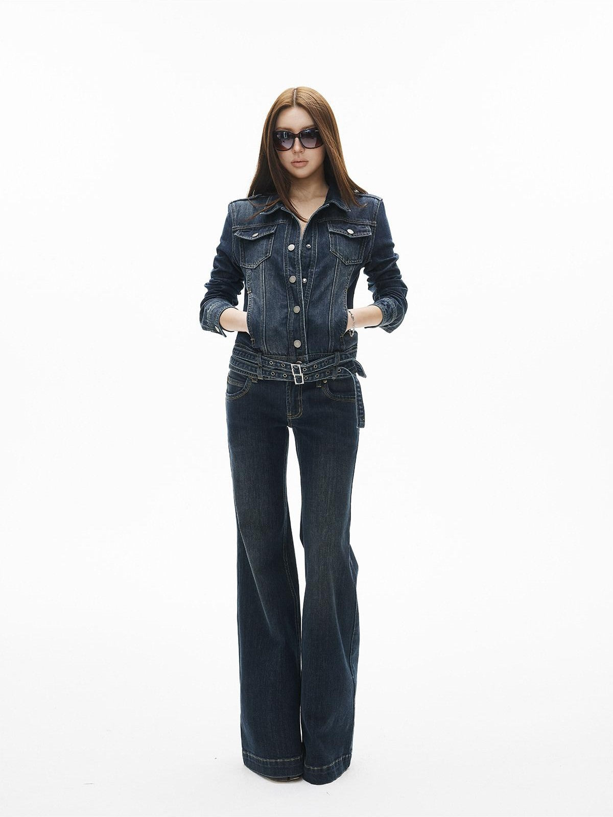 iamxiaa Deep Navy Contrast Stitch Ultra Low Rise Five Pocket Women&