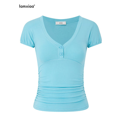 iamxiaa_Deep_Sweetheart_Henley_Ruching_Cap_Sleeve_Women&