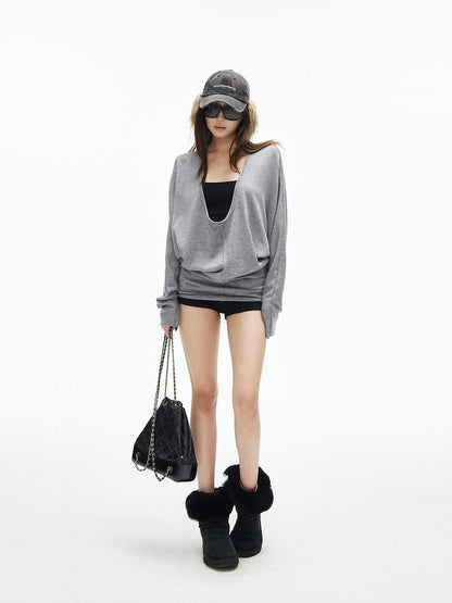 iamxiaa Deep U Neck Center Seam Batwing Sleeve Women&