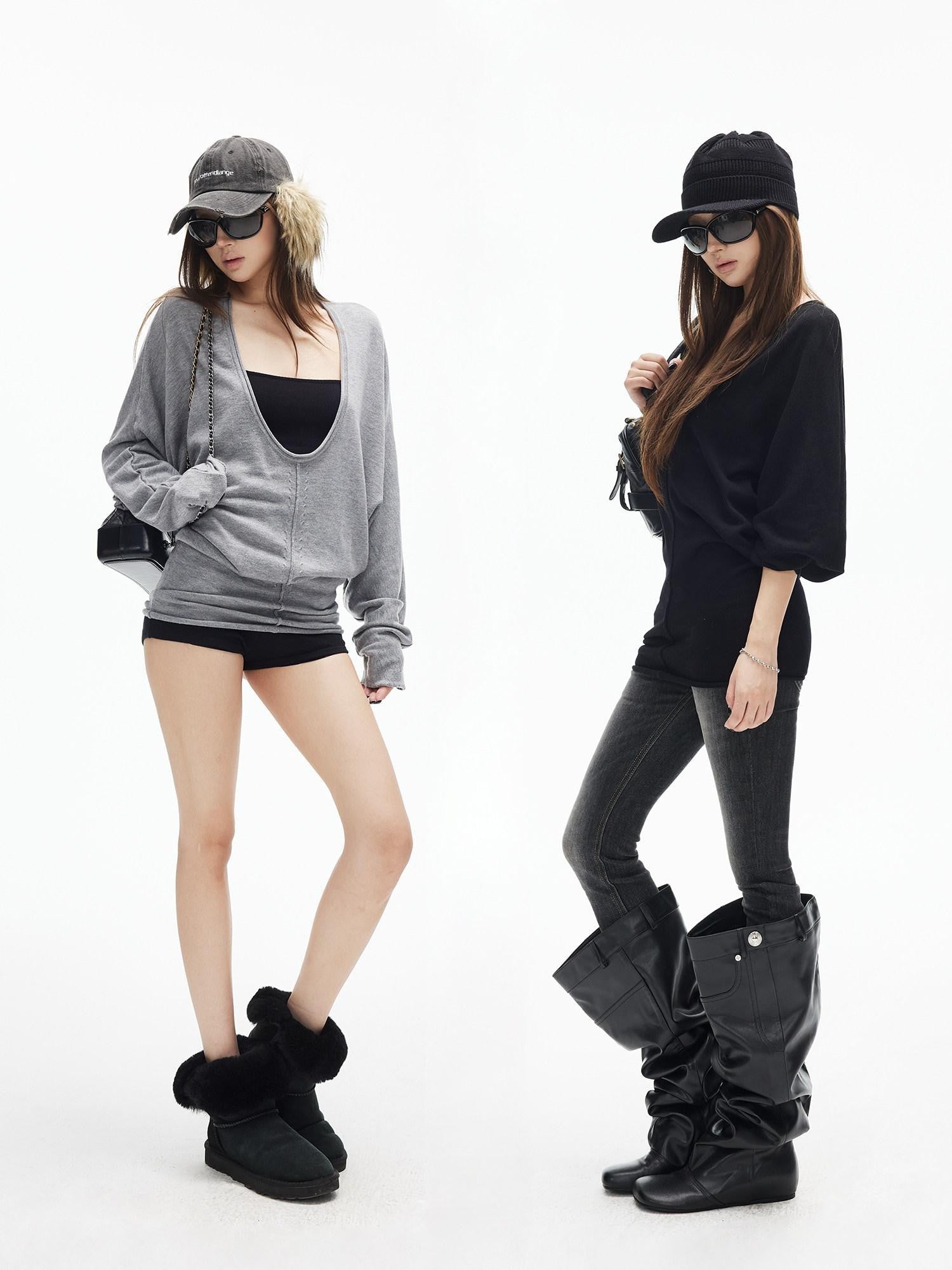 iamxiaa Deep U Neck Center Seam Batwing Sleeve Women&
