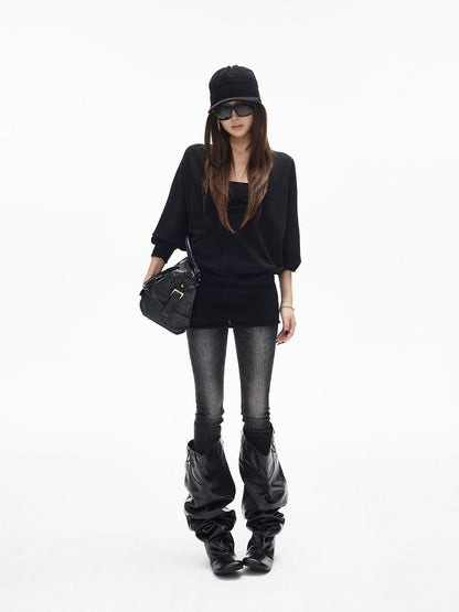 iamxiaa Deep U Neck Center Seam Batwing Sleeve Women&