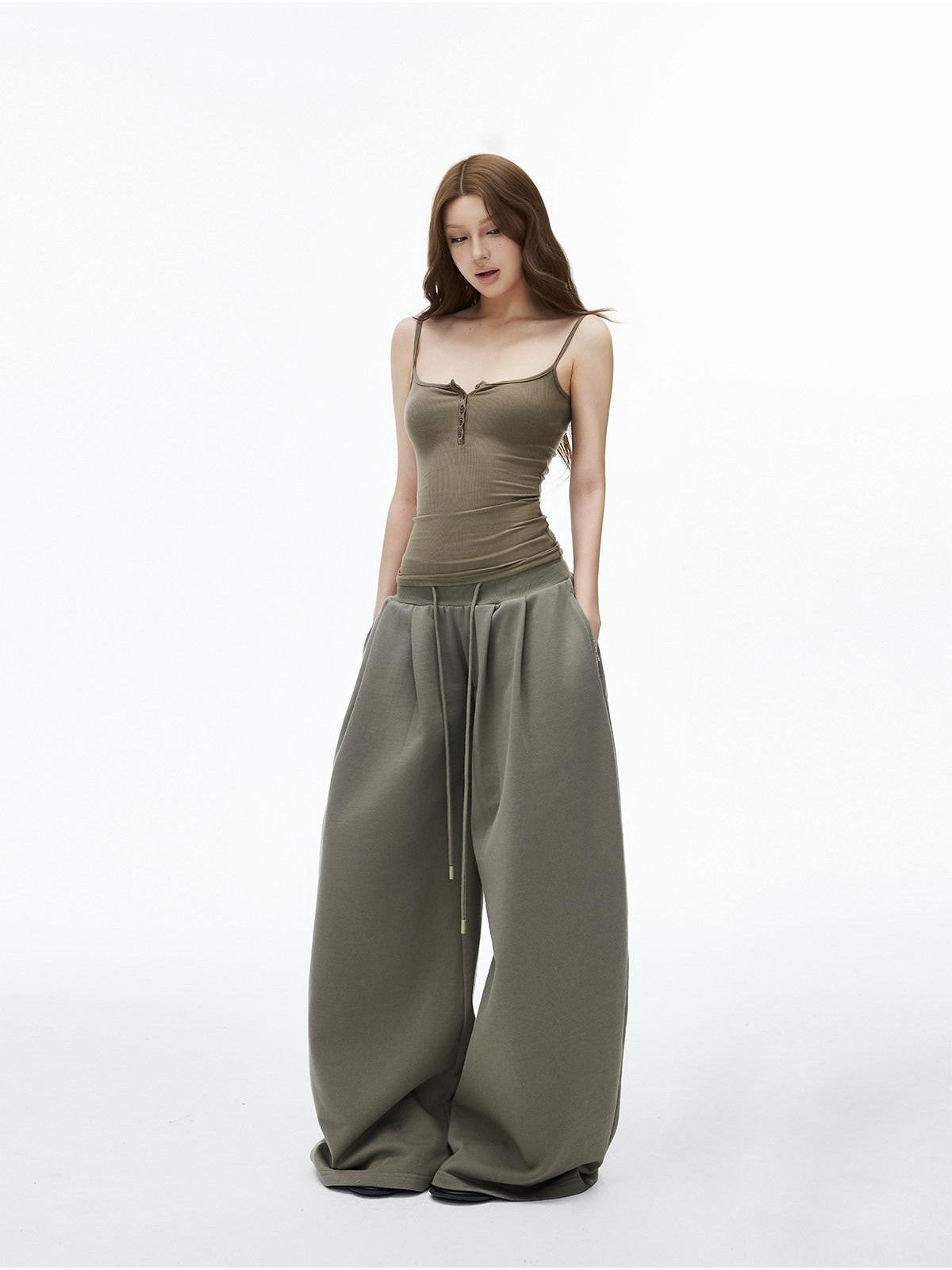 iamxiaa Deep U Neck Ribbed Button Front Slim Fit Women&