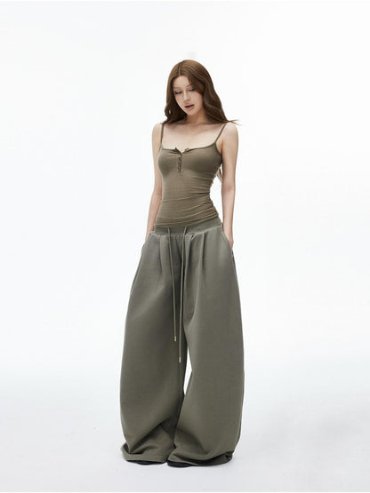 iamxiaa Deep U Neck Ribbed Button Front Slim Fit Women&