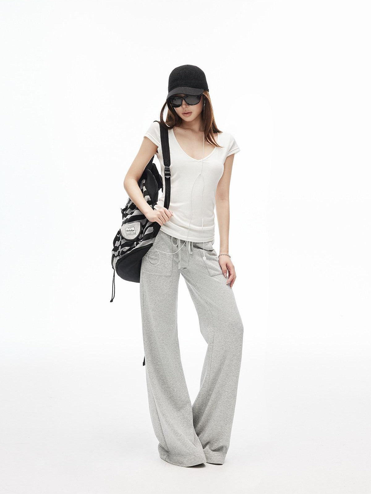 iamxiaa Deep V-neck Cap Sleeves Fitted Waist Women&