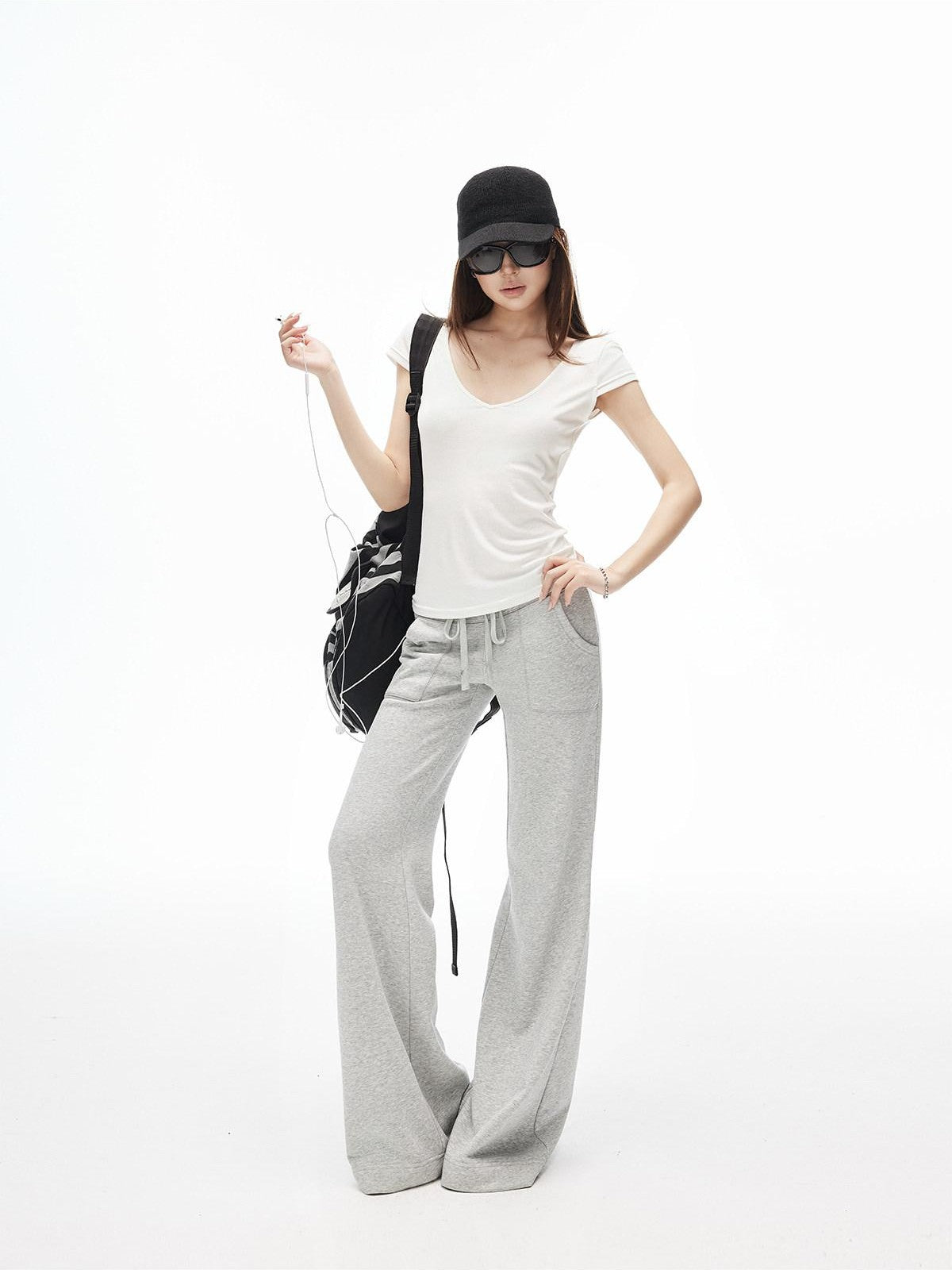 iamxiaa Deep V-neck Cap Sleeves Fitted Waist Women&