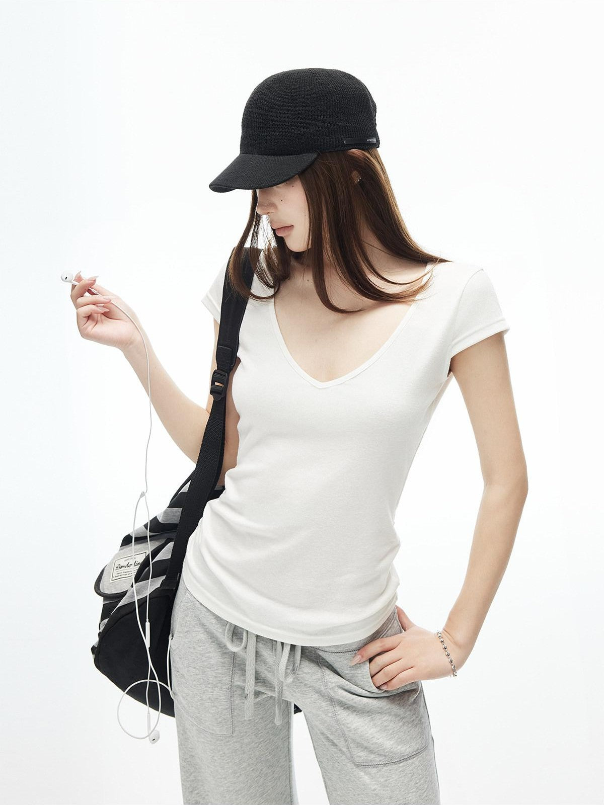 iamxiaa Deep V-neck Cap Sleeves Fitted Waist Women&
