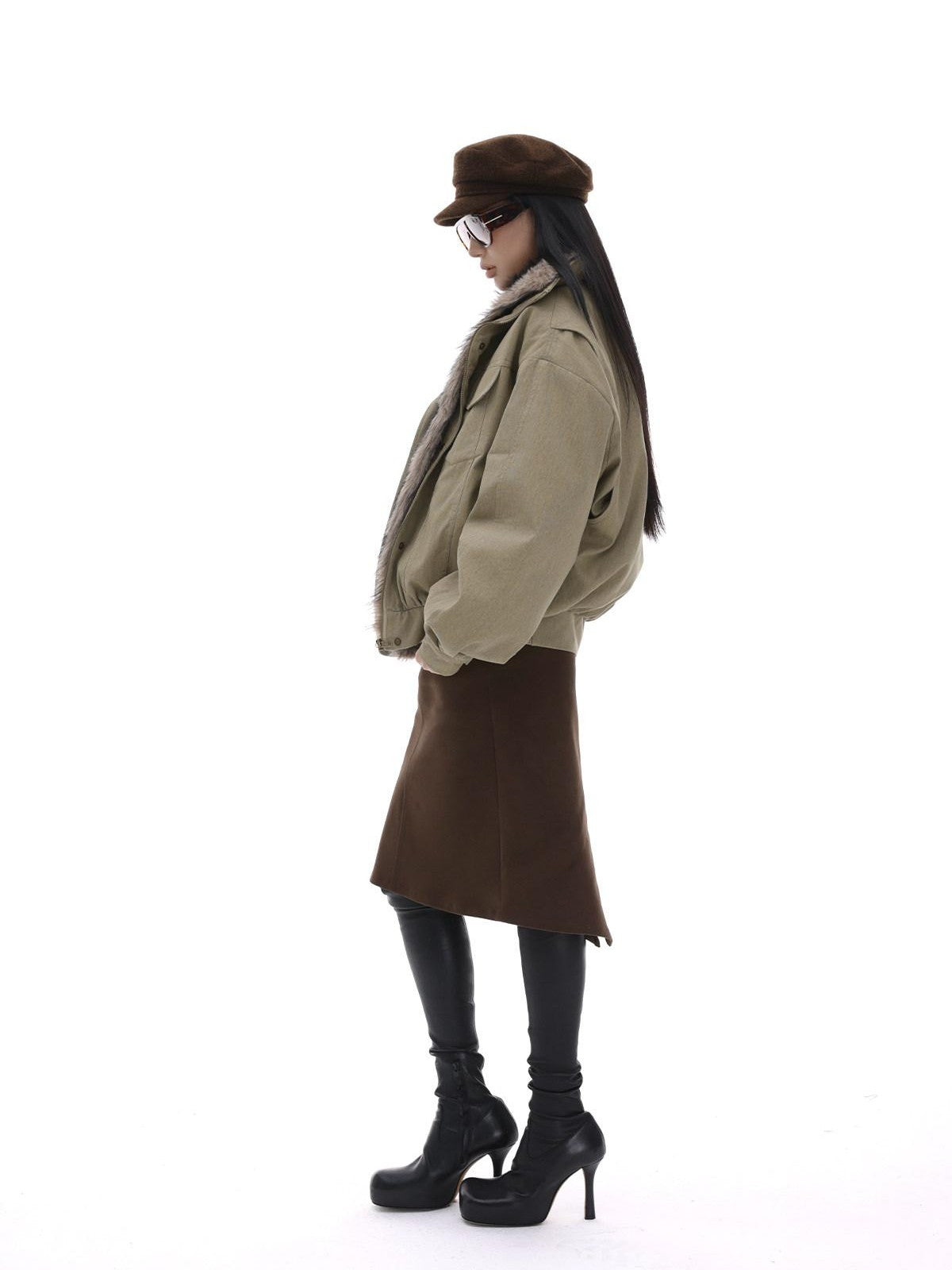iamxiaa Detachable Fur Collar Cropped Parka Women&