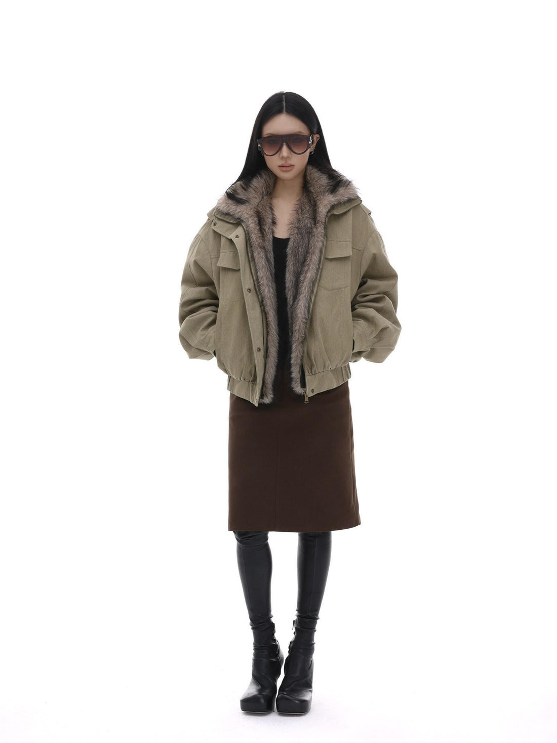 iamxiaa Detachable Fur Collar Cropped Parka Women&