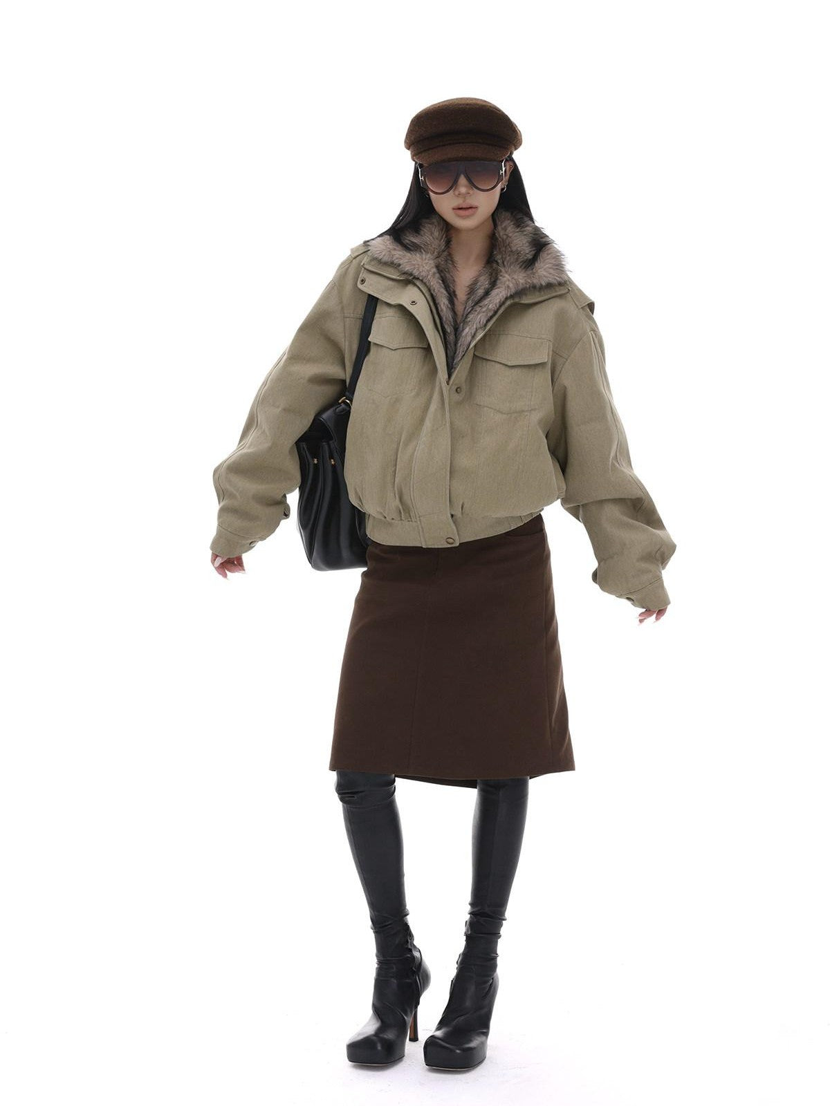 iamxiaa Detachable Fur Collar Cropped Parka Women&